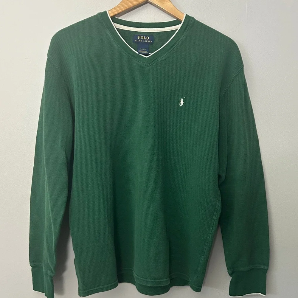 Polo Ralph Lauren Shirt Mens XL Green Thermal Waffle Knit V-Neck Cotton Pony